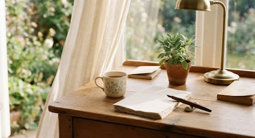 A wooden desk by a window with a notebook, a pen and a cup of tea