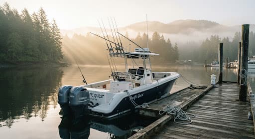 A fishing boat moored at a wooden dock in morning mist