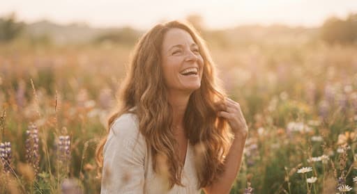 A woman laughing in a field of wildflowers at sunset